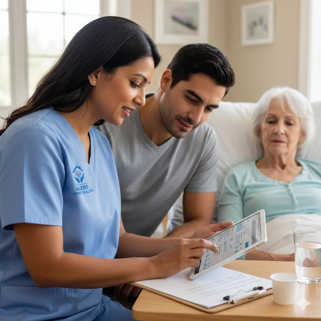 24-hour home care team Aleris nurse and caregiver at bedside with care tablet