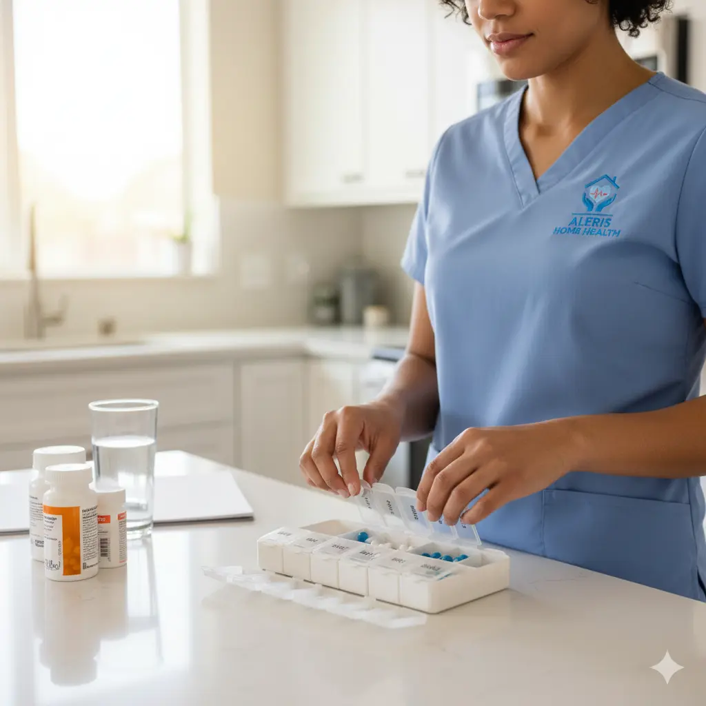 Medication Management at Home Nurse managing senior medications at home