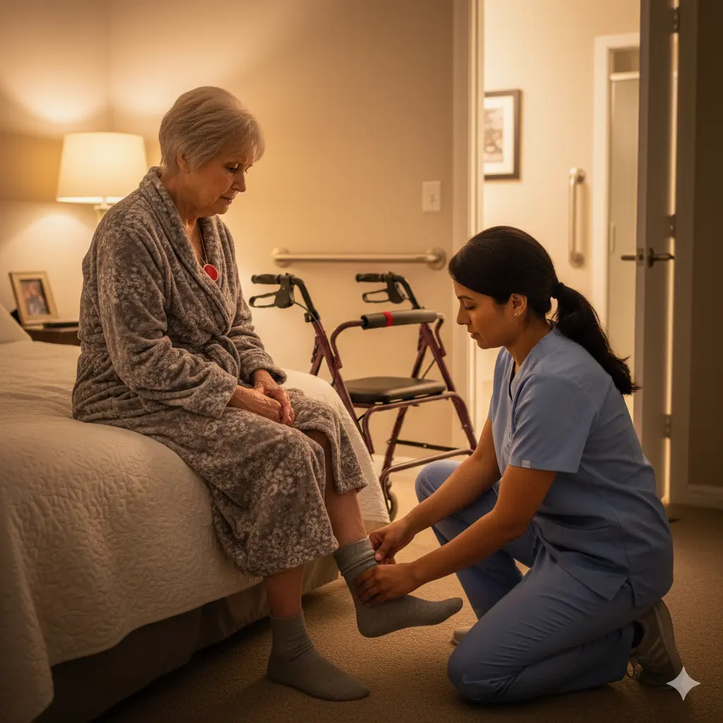 Night caregiver support Night caregiver assisting elderly woman with nighttime routine