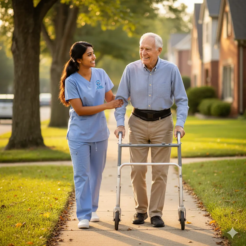 Physical therapist walking with senior patient outdoors.