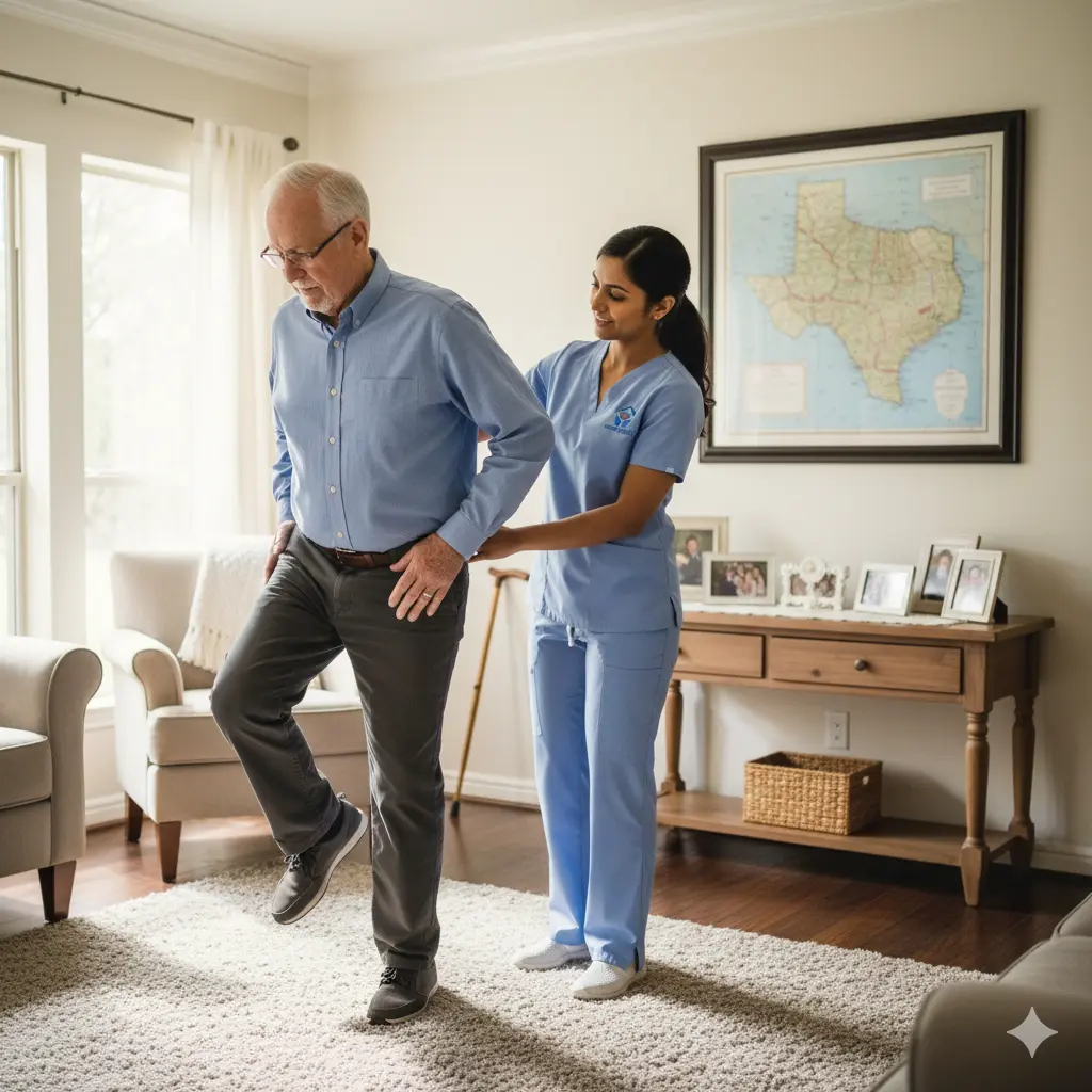 Home Physical Therapy Elderly man guided through home therapy