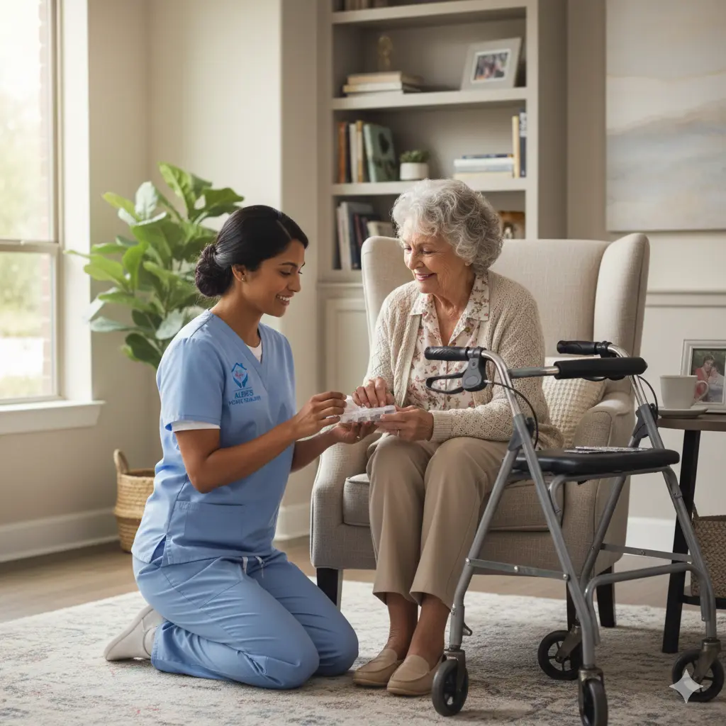 Nurse helping senior woman with meds in home