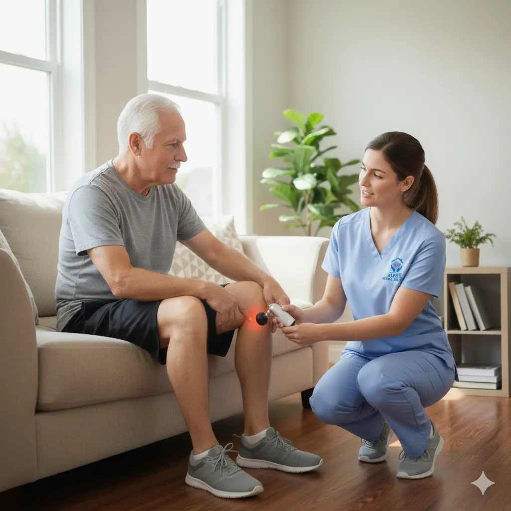 Home Physical Therapist Providing Knee Pain Relief – Aleris Home Health Home physical therapist using a massage device on a patient’s knee with Aleris Home Health logo on scrub pocket.
