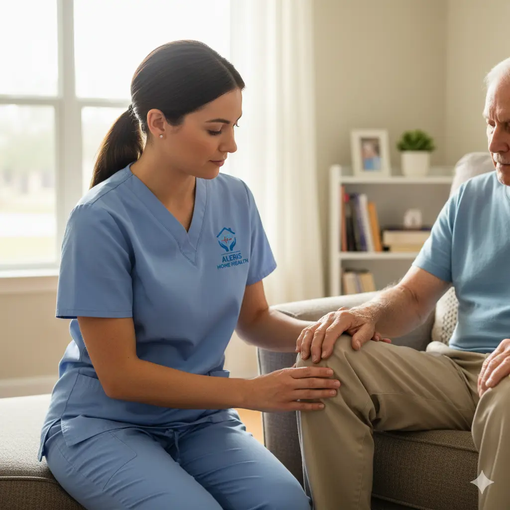 Physical therapist assessing knee mobility for a senior patient at home in Sugar Land.