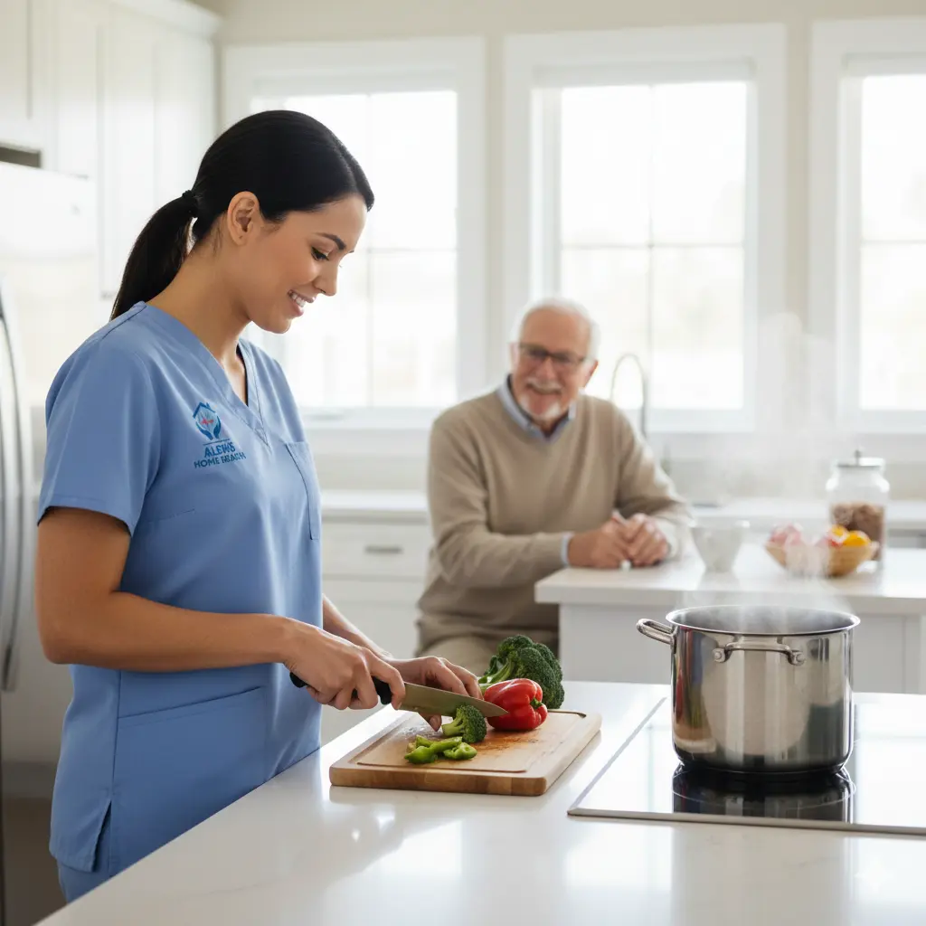 Daily Living Support Through Private Duty Care Caregiver preparing a healthy meal for senior client