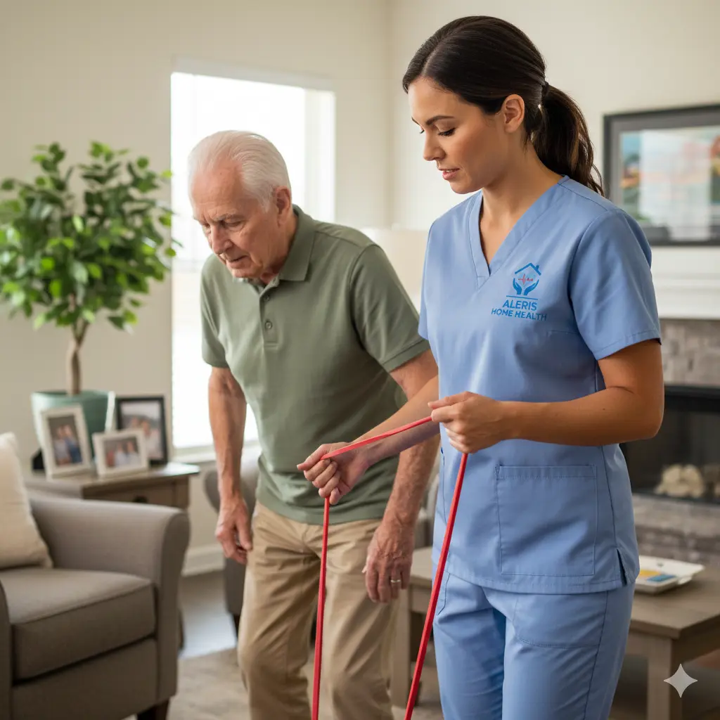 Home physical therapy session Physical therapist aiding balance exercises at home.