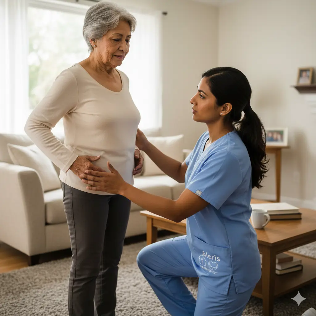 In-home balance training PT guiding elderly woman through balance exercise in living room.