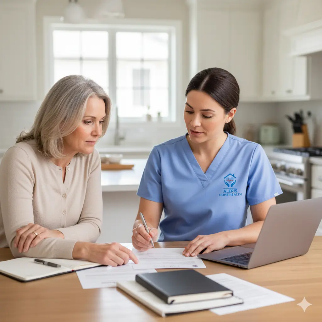 Care coordination at home Caregiver and family review senior care plan.