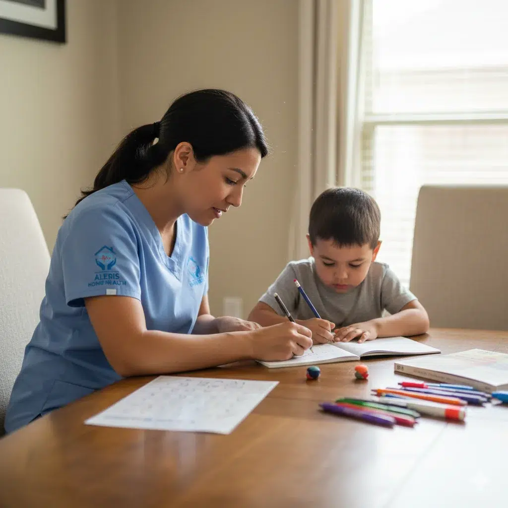 Pediatric Pediatric occupational therapy session at home in Houston with therapist guiding fine motor skills