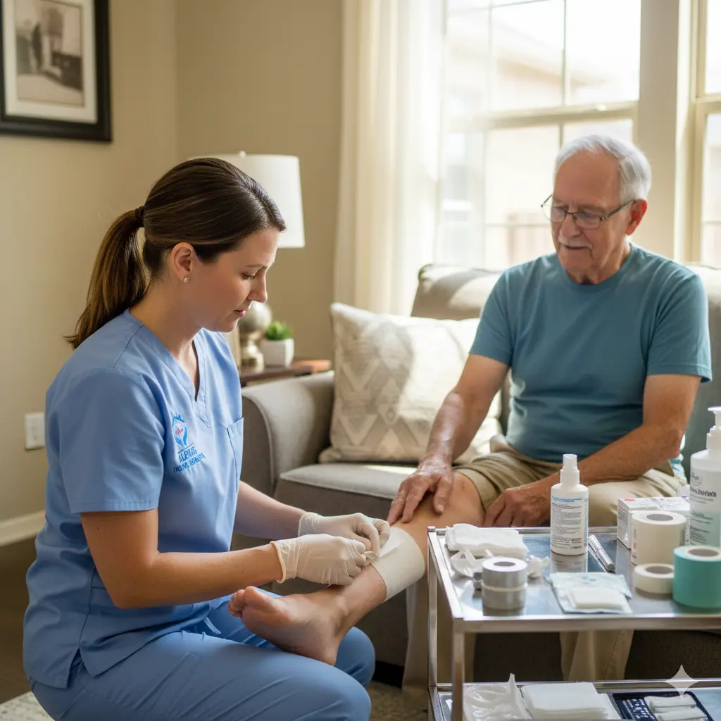 In-home wound care nurse treating patient in Sugar Land