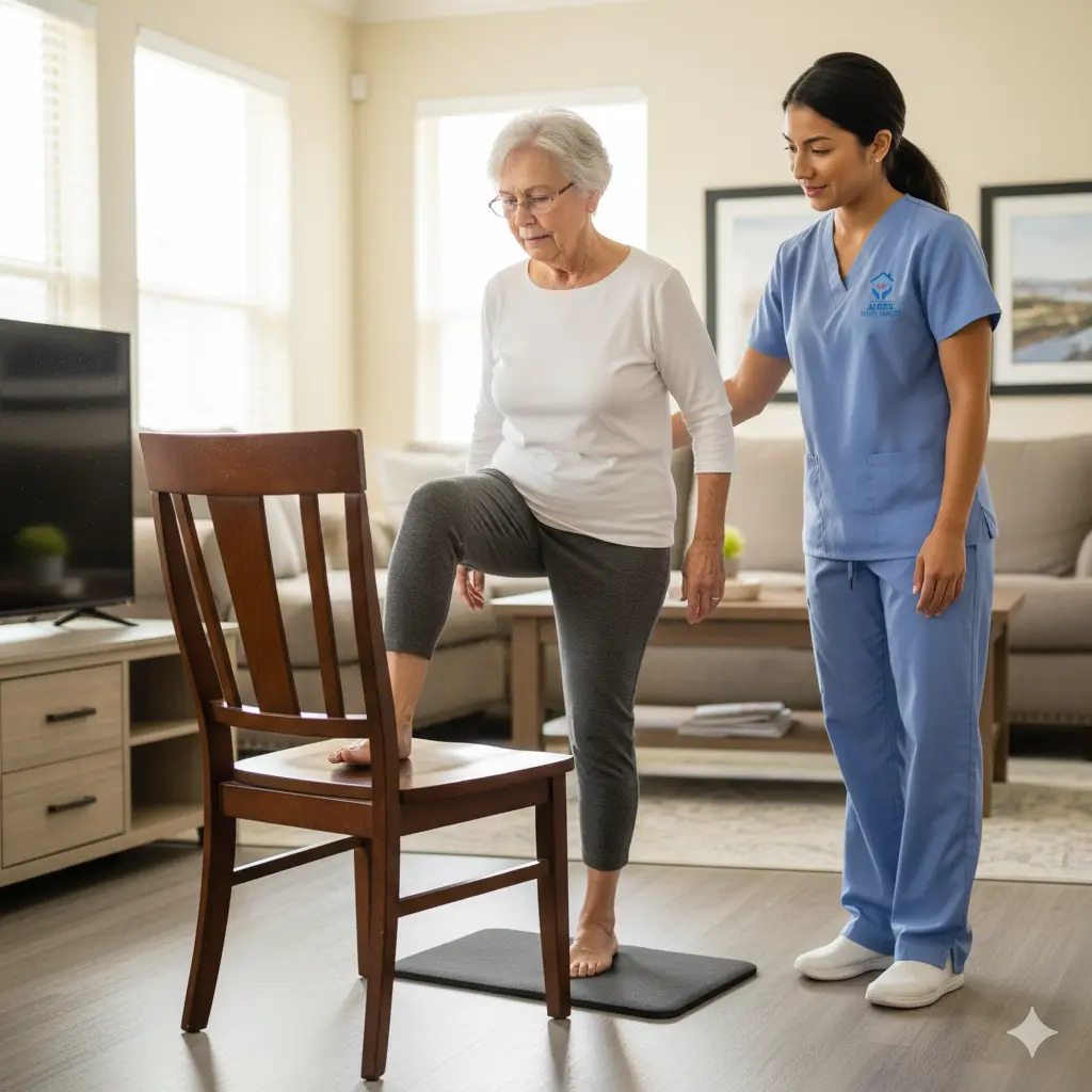 Fall-Prevention In-Home Fitness for Seniors in Missouri City TX Caregiver observing an in-home fitness and fall-prevention session for a senior in Missouri City TX