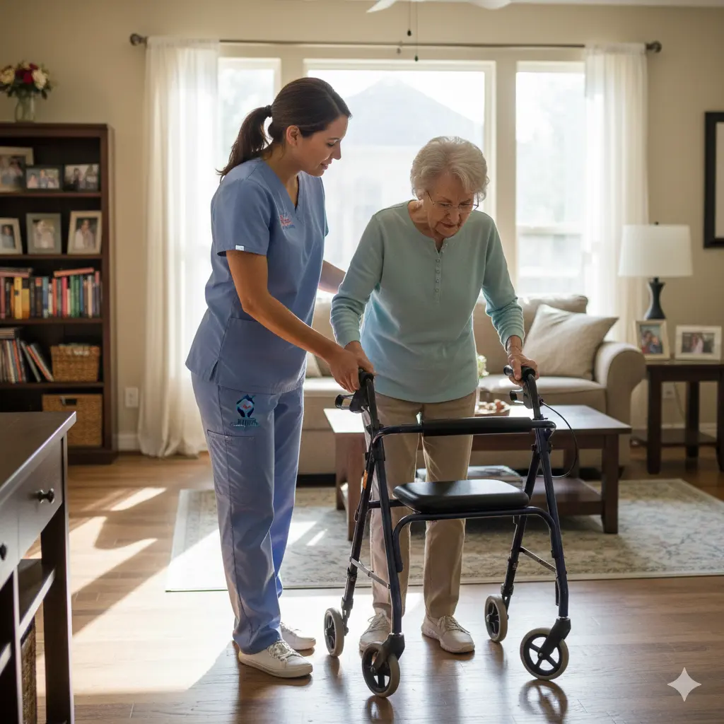 Home care assistant supporting an elderly patient with safe walking inside a Houston home
