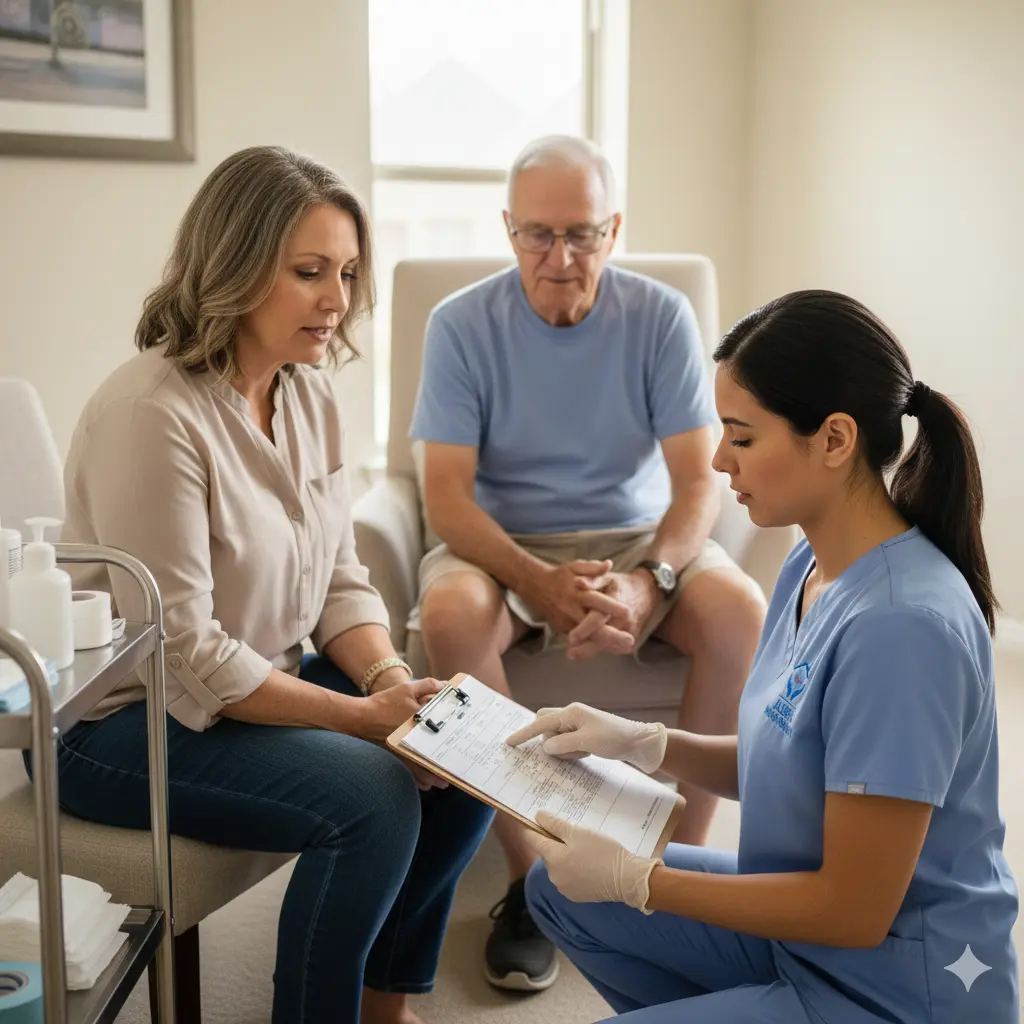 Caregiver Training for Wound Care at Home Nurse educating caregiver during wound care visit in Sugar Land