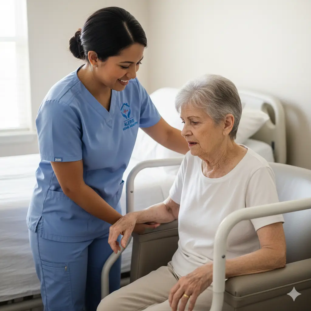 Safe Bed-to-Chair Transfers in Sugar Land Homes Caregiver assisting an elderly patient with a safe bed-to-chair transfer in Sugar Land