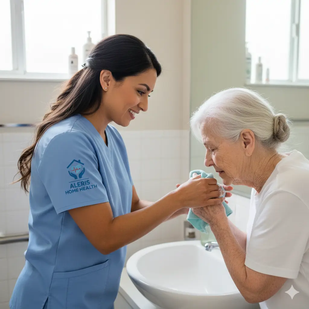 Daily Hygiene Support Through Personal Care Assistance Home care assistant helping an elderly patient with daily hygiene in a residential bathroom