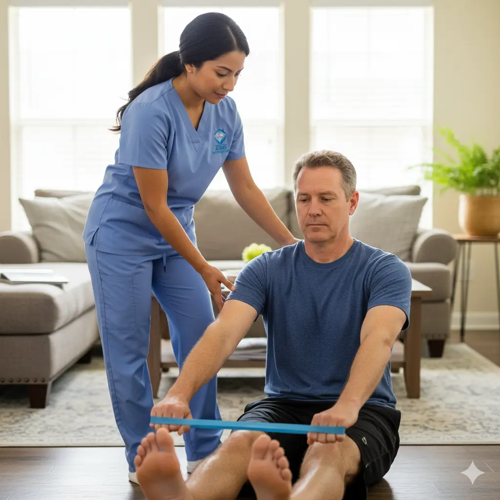 Personal Trainer in Houston Providing At-Home Strength Training | Aleris Personal trainer assisting a middle-aged adult with resistance band exercises at home in Houston