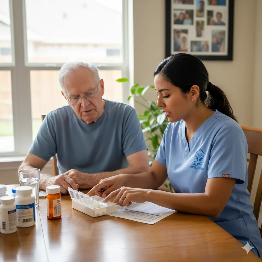 Home health nurse reviewing weekly pill organizer with elderly patient at dining table in a Sugar Land home