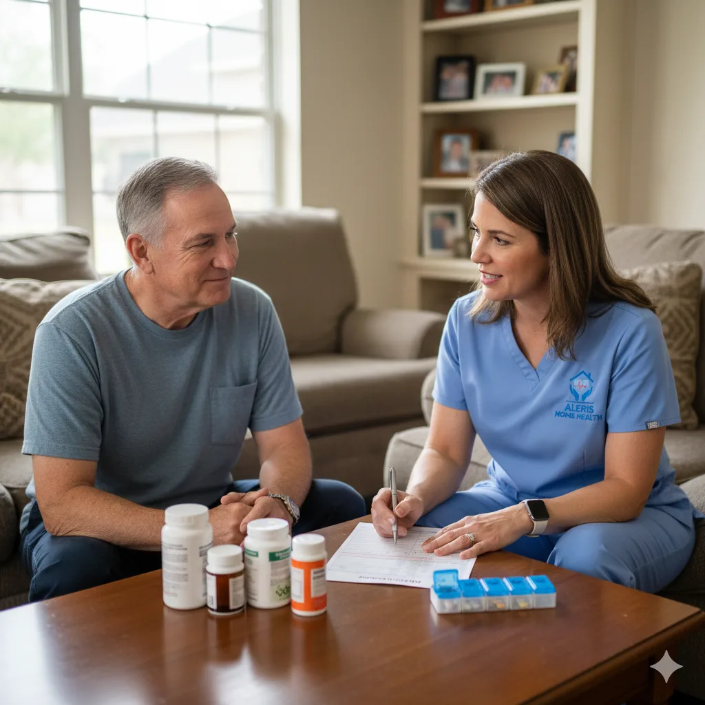 Mental Health Nurse Educating Patient on Daily Medications at Home Mental health nurse educating patient about daily medications in a home living room