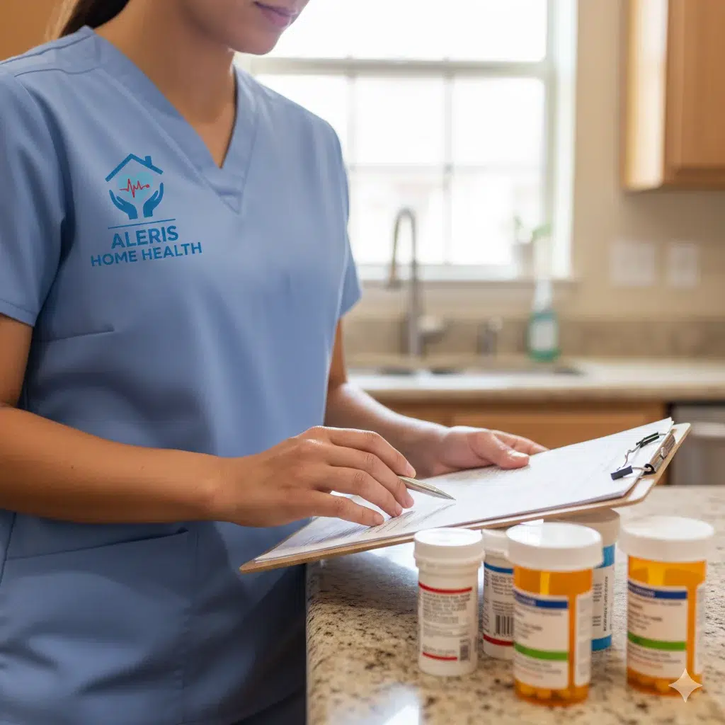 Caregiver Verifying Medications During In-Home Care in Houston Caregiver checking medication list against prescription bottles in a Houston home