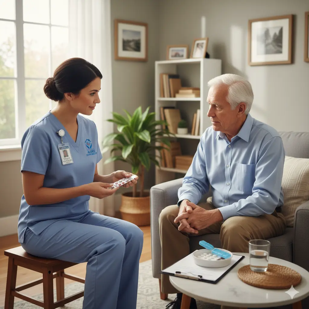 Vascular Dementia Medication Management at Home Nurse giving medication to a patient with vascular dementia at home