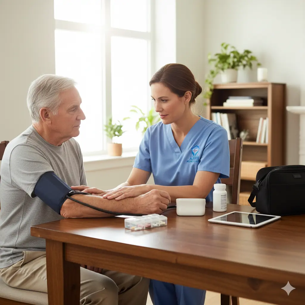 Home health nurse managing medications and blood pressure for stroke patient at home