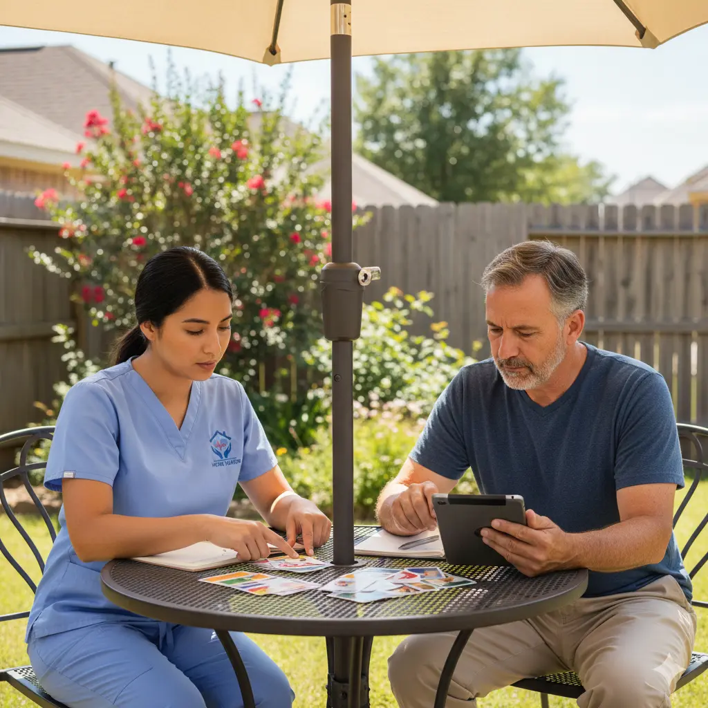 Outdoor In-Home Aphasia Therapy Session Speech therapist providing aphasia therapy outdoors at patient’s home