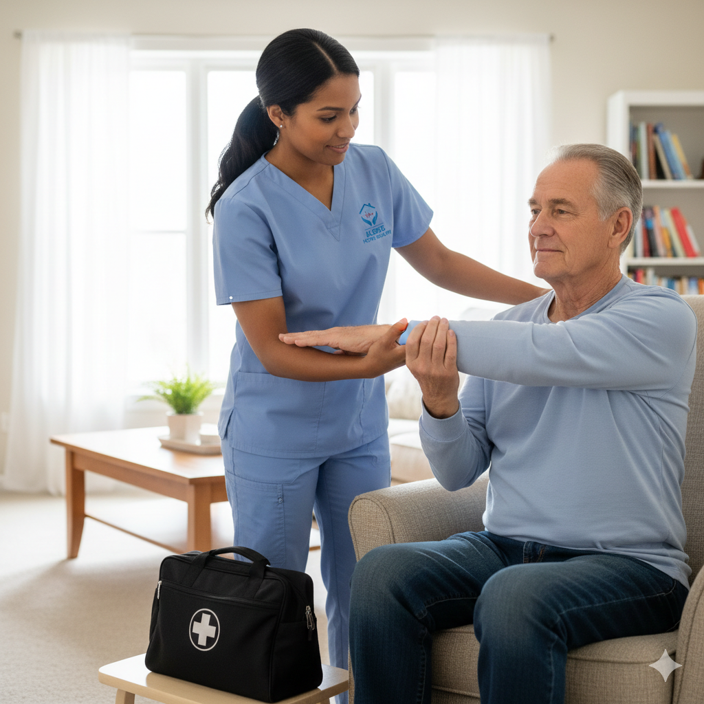 Physical Therapist Providing In-Home Stretching and Mobility Therapy Physical therapist in light blue scrubs assisting patient with gentle stretching and mobility exercises at home