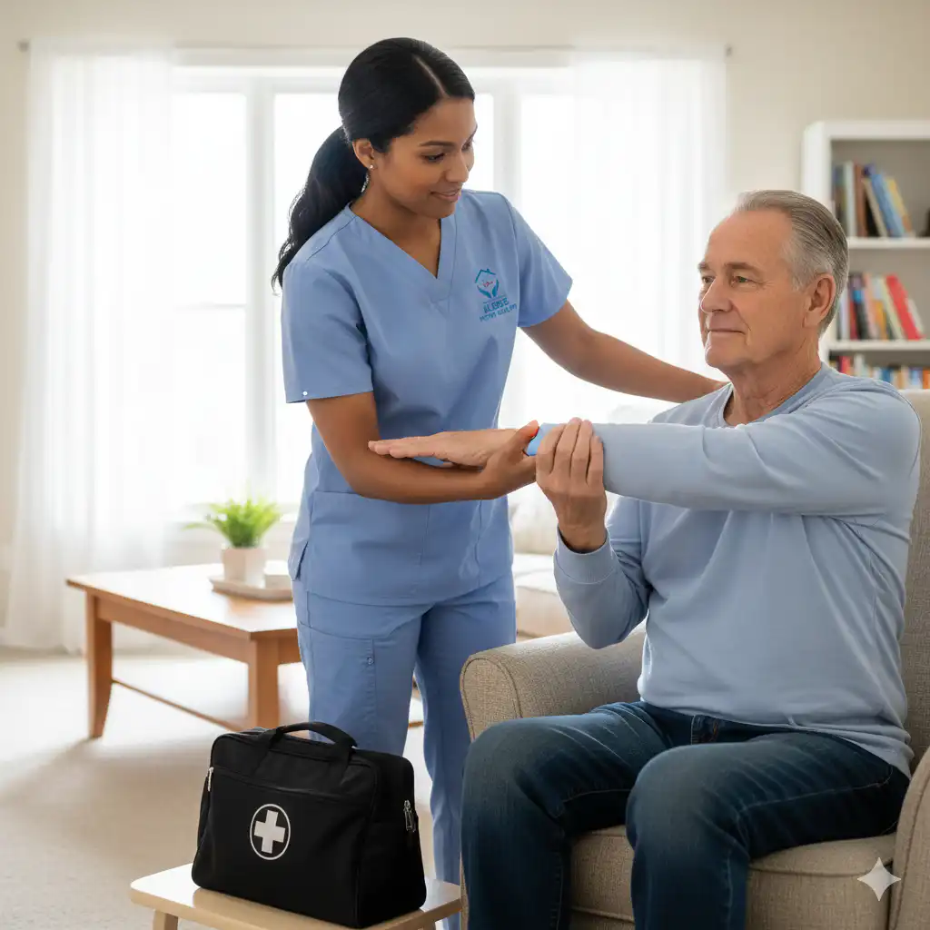 Physical therapist in light blue scrubs assisting patient with gentle stretching and mobility exercises at home