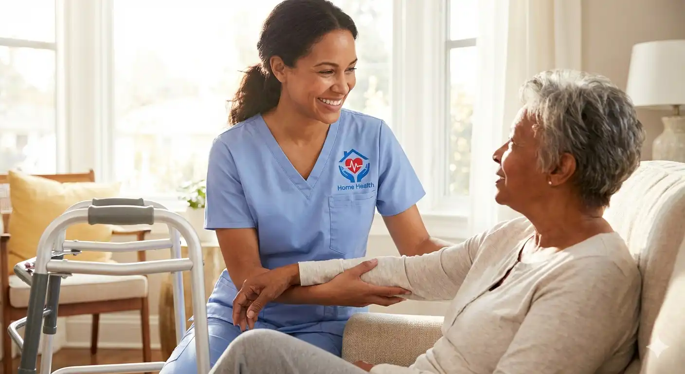 Home health nurse in blue scrubs encouraging a stiff person syndrome patient during an in-home care visit