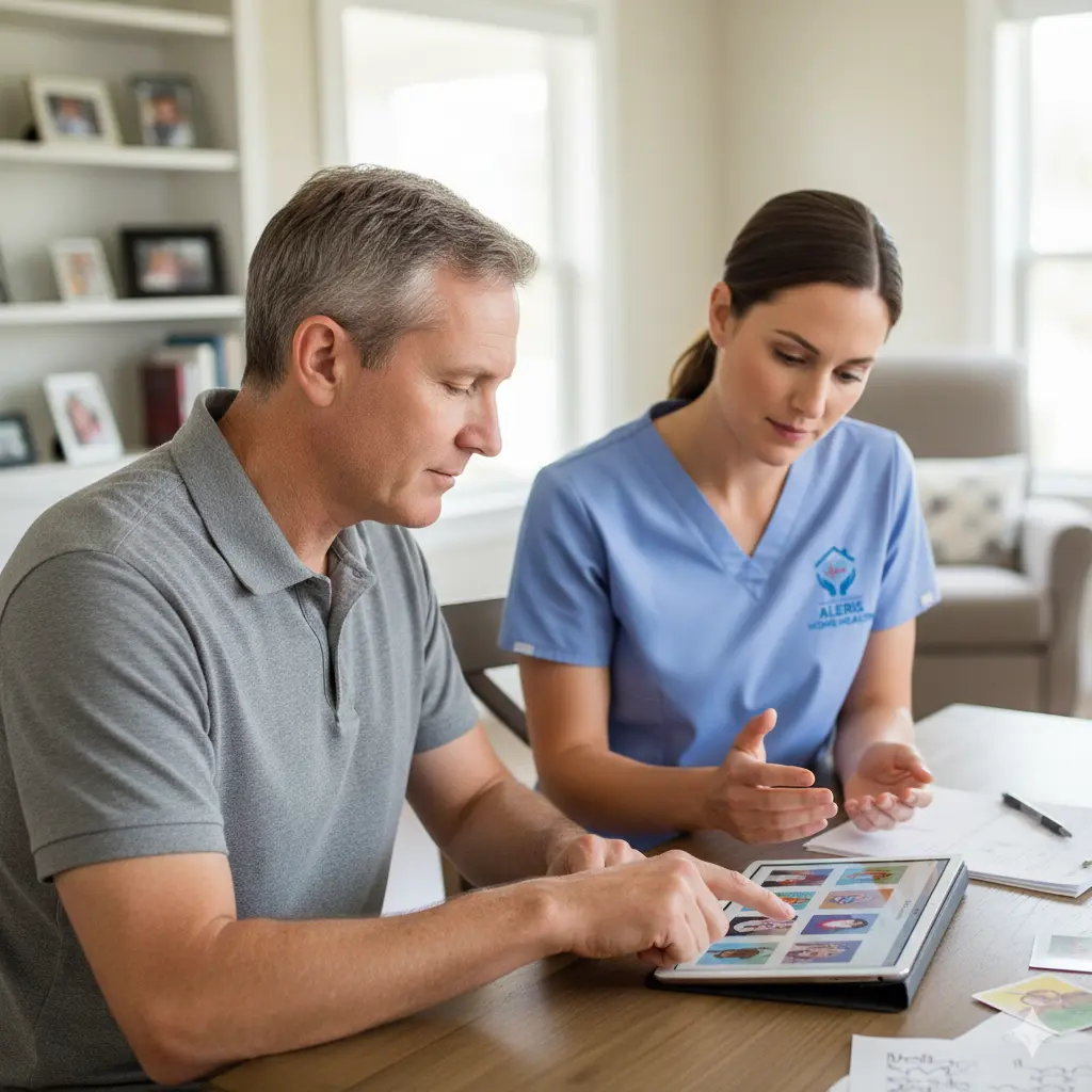 Progress-Focused Aphasia Treatment at Home Aphasia patient practicing communication skills during in-home speech therapy