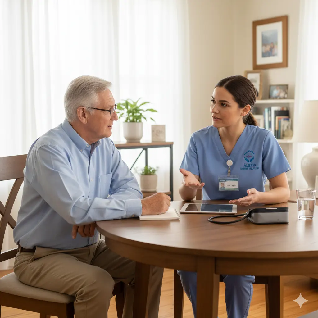 Vascular Dementia In-Home Nursing Guidance and Monitoring Nurse checking vital signs and guiding a patient with vascular dementia at home