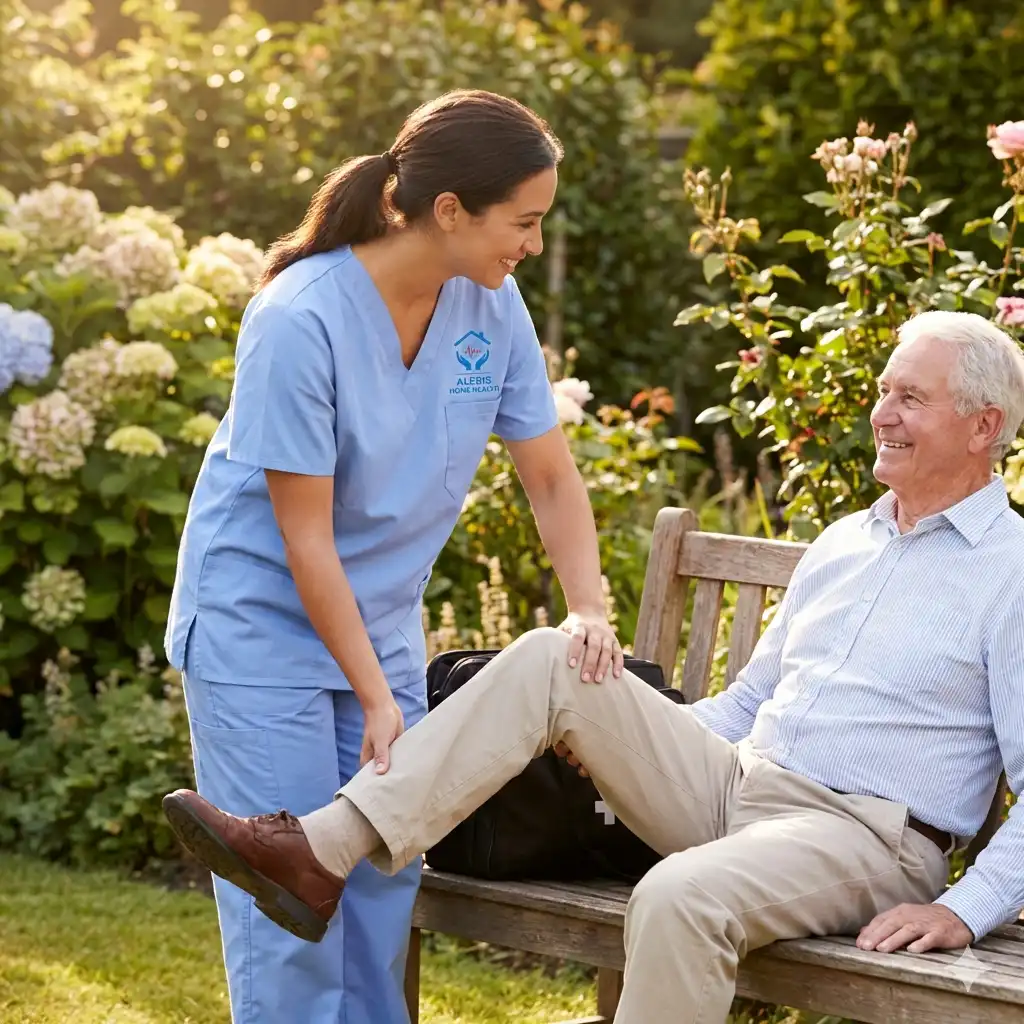 Physical therapist assisting senior patient with leg stretching exercises outdoors in a garden near home during daytime rehabilitation session
