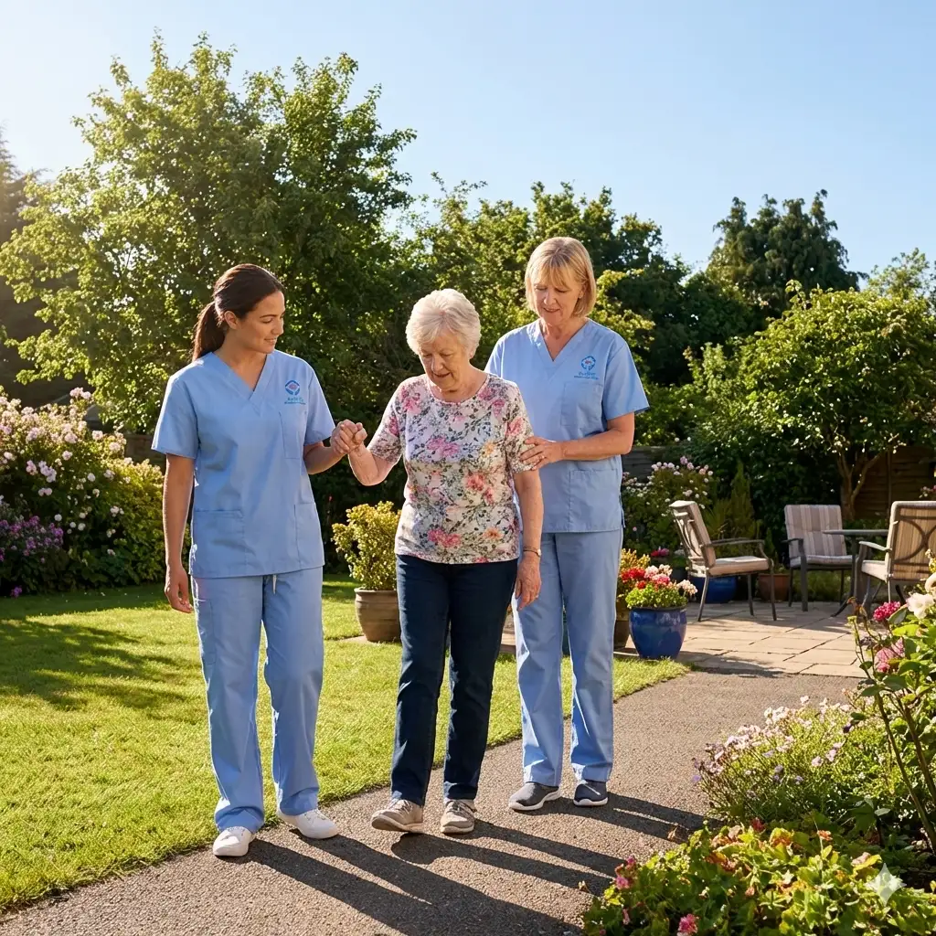 Outdoor Osteoporosis Exercise at Home Nurse assisting an elderly patient with outdoor walking exercises for osteoporosis.