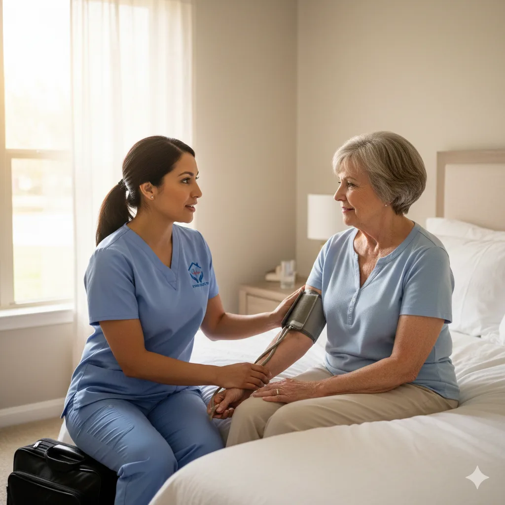 Skilled In-Home Nursing Care in a Safe and Comfortable Home Environment Home health nurse in light blue scrubs checking blood pressure of patient in bright bedroom during in-home care visit