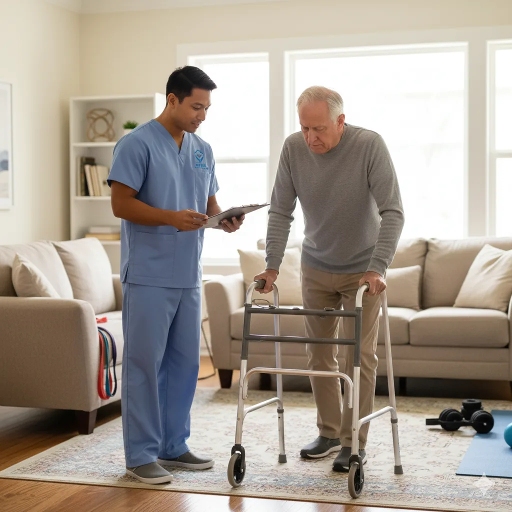 At-Home Osteoporosis Therapy Physical therapist assisting a senior man with mobility exercises at home.