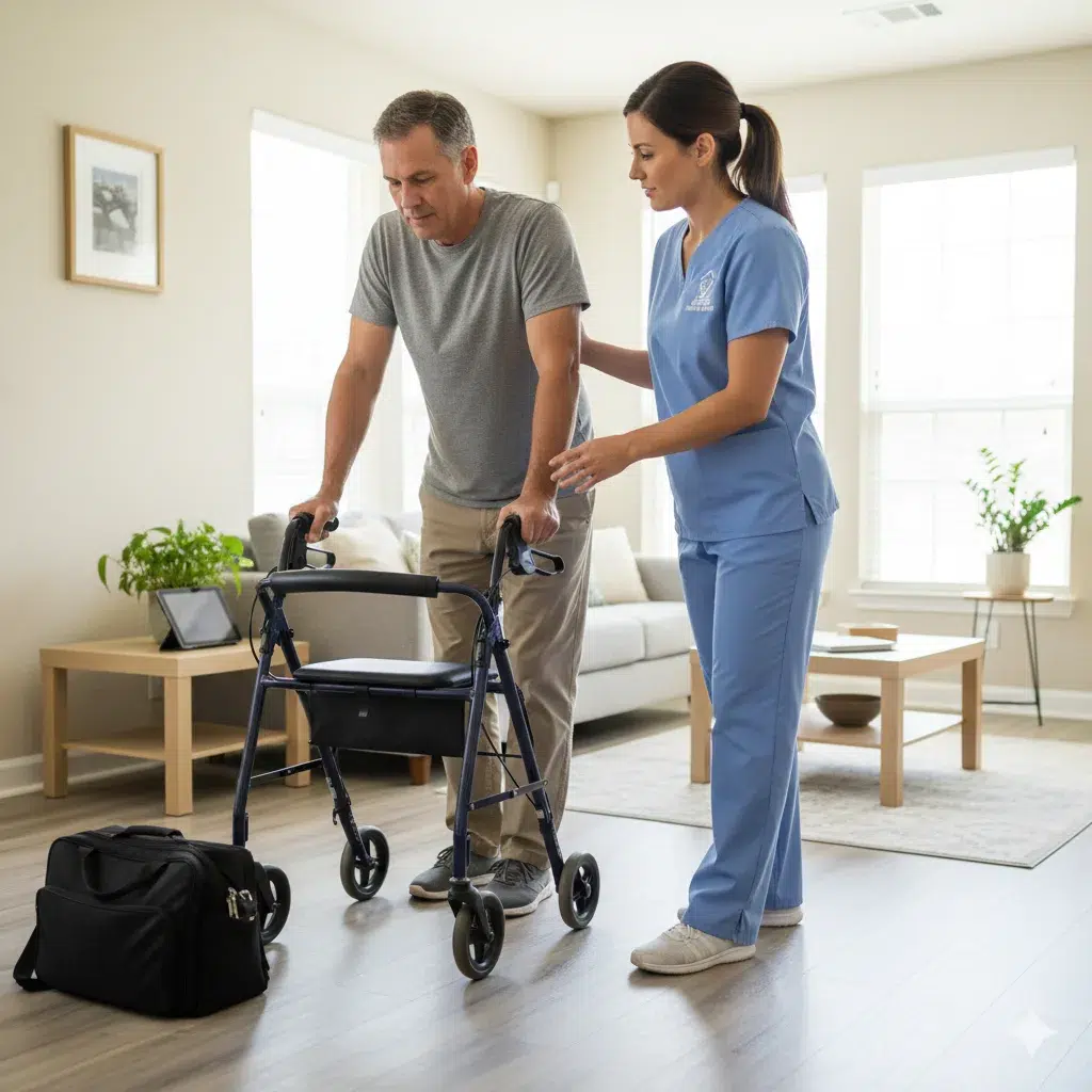 In-Home Gait Training Therapy in Sugar Land Licensed physical therapist in light blue Aleris scrubs assisting a patient with walker gait training inside a Sugar Land home