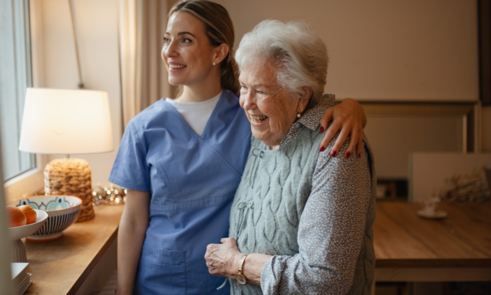 COPD patient practicing breathing exercises with home health support